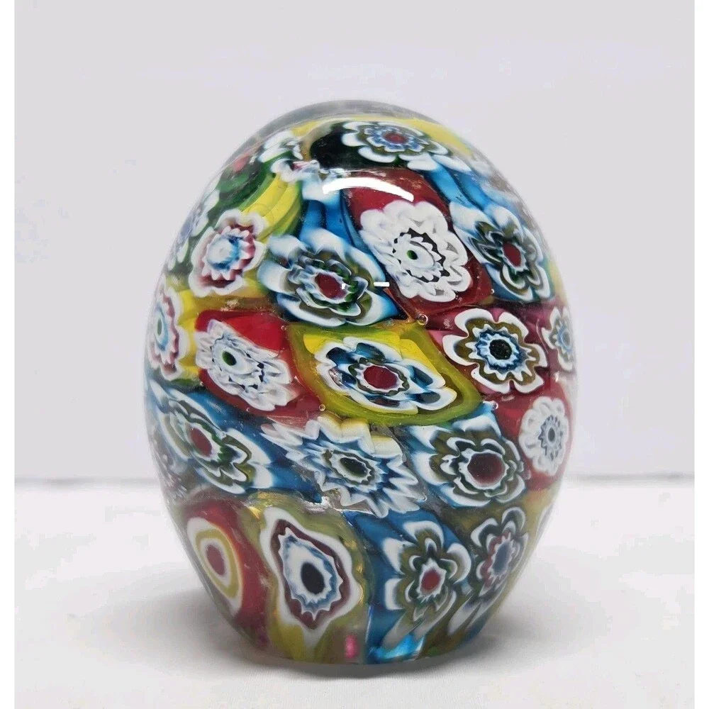 Murano Art Glass Millefiori Egg Shaped Paperweight Colorful